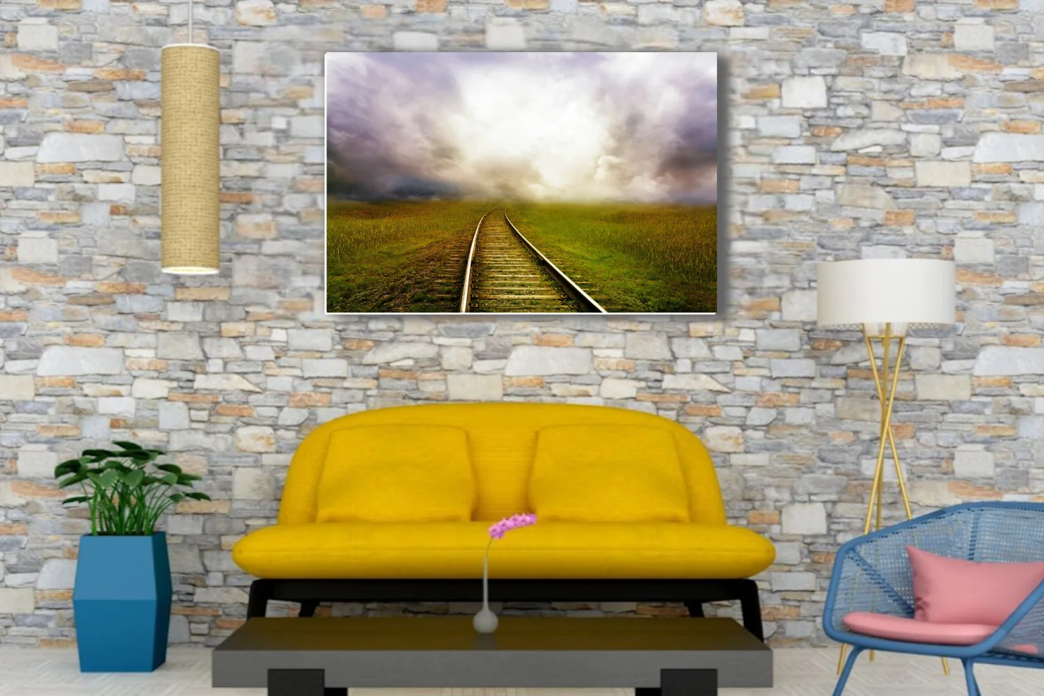 Cinematic railroad track curving through green fields toward dramatic glowing storm clouds