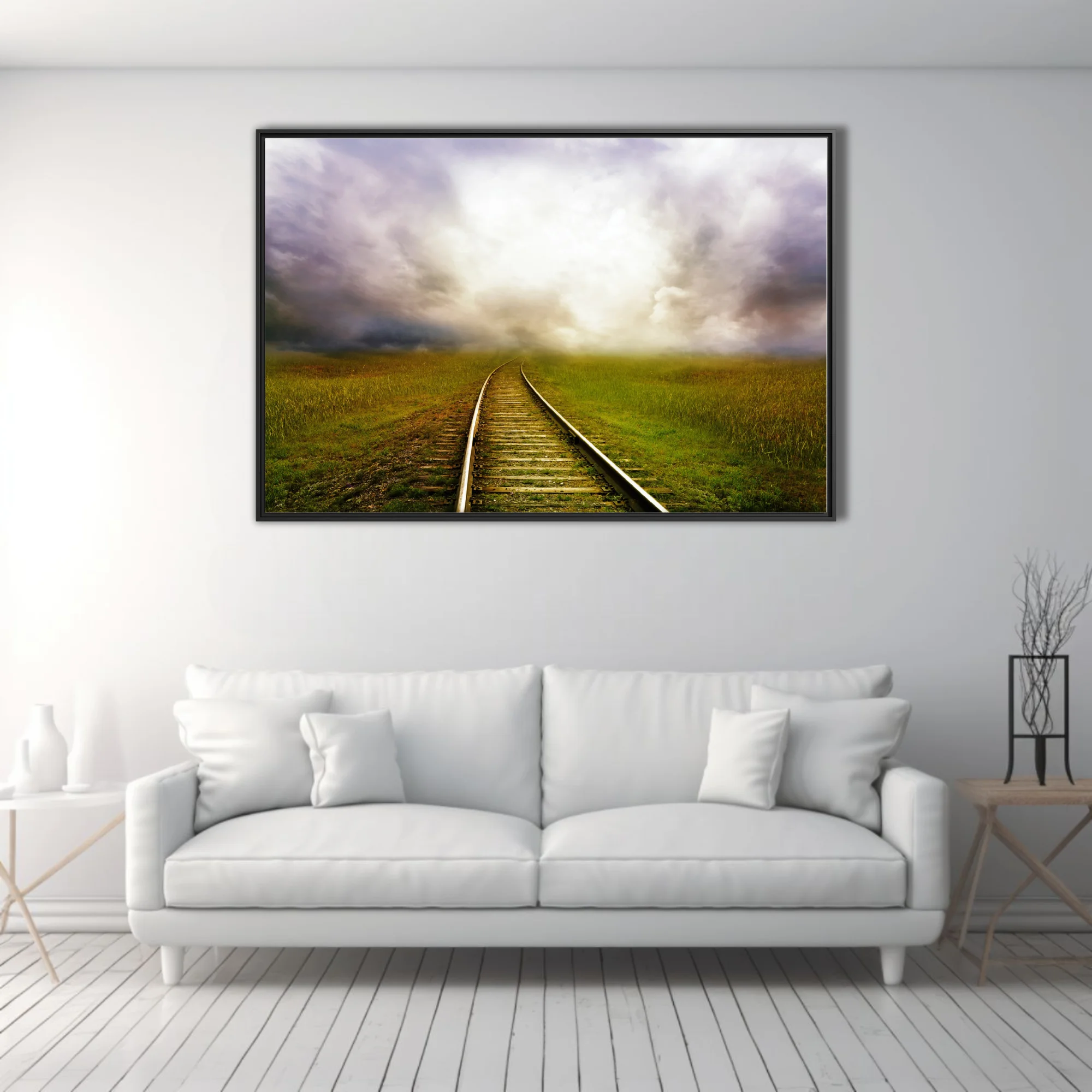Cinematic railroad track curving through green fields toward dramatic glowing storm clouds