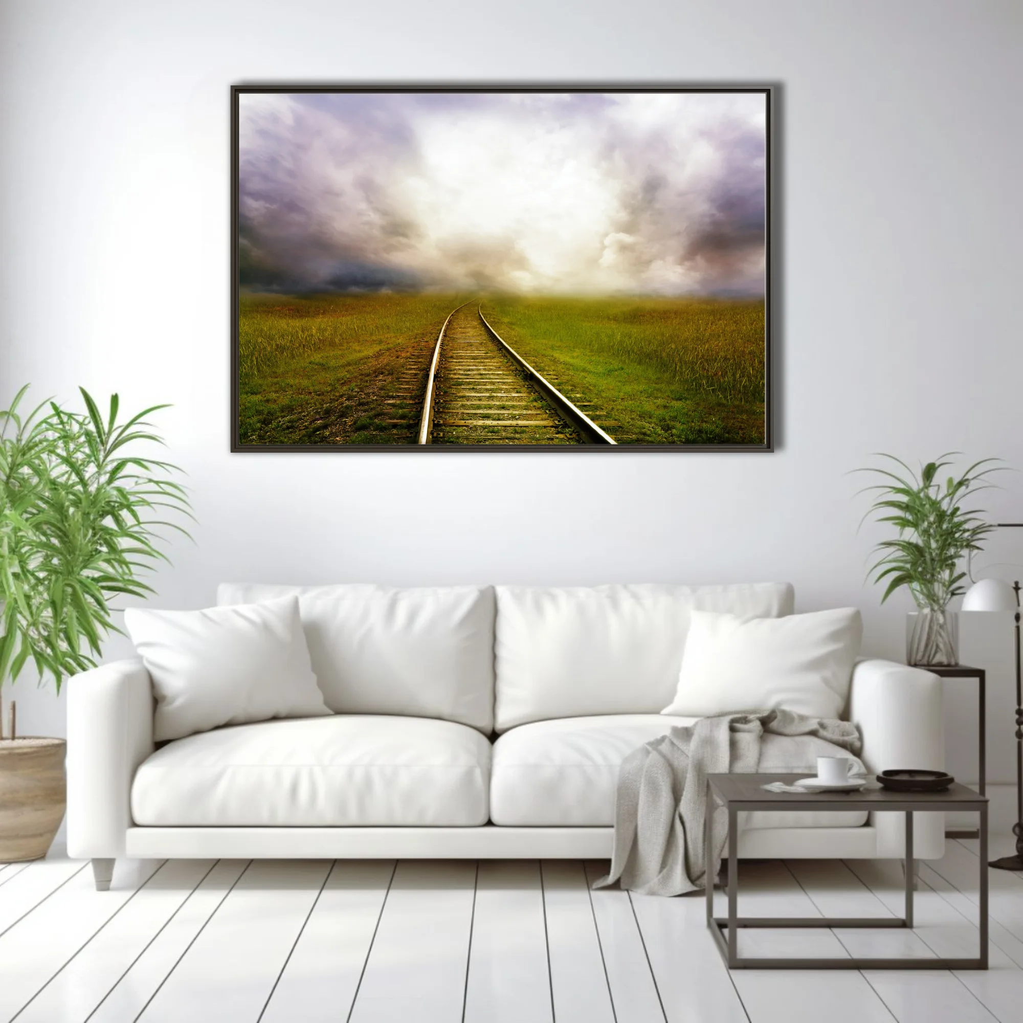 Cinematic railroad track curving through green fields toward dramatic glowing storm clouds