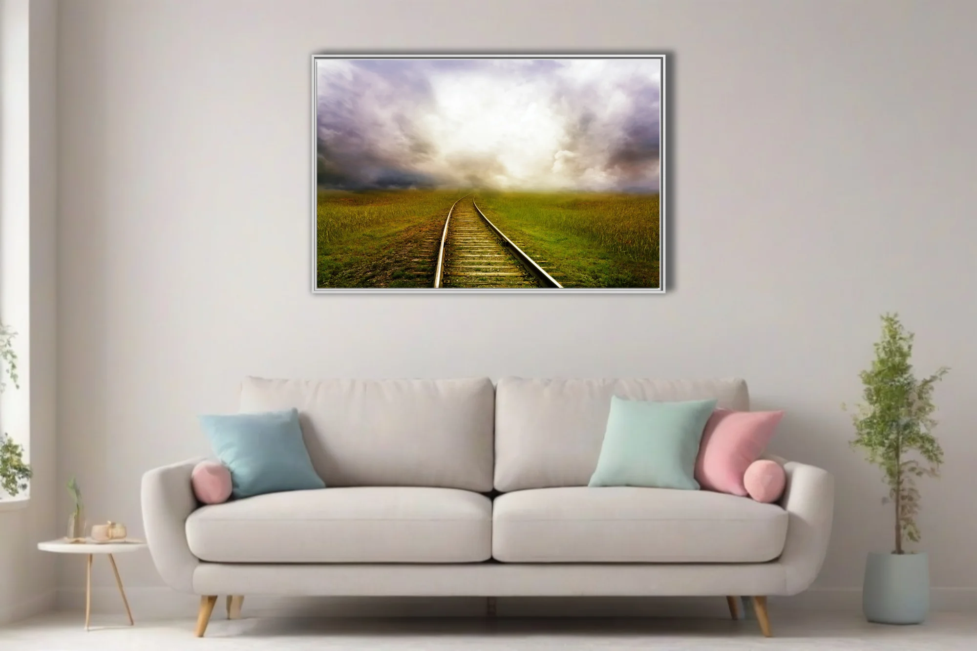 Cinematic railroad track curving through green fields toward dramatic glowing storm clouds
