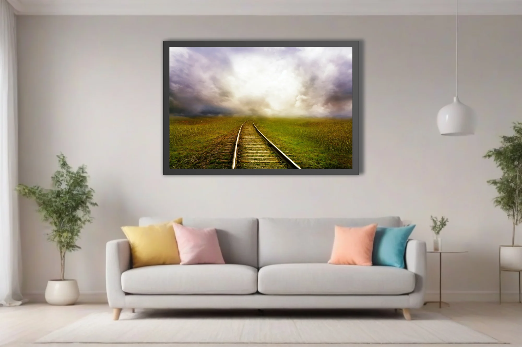 Cinematic railroad track curving through green fields toward dramatic glowing storm clouds