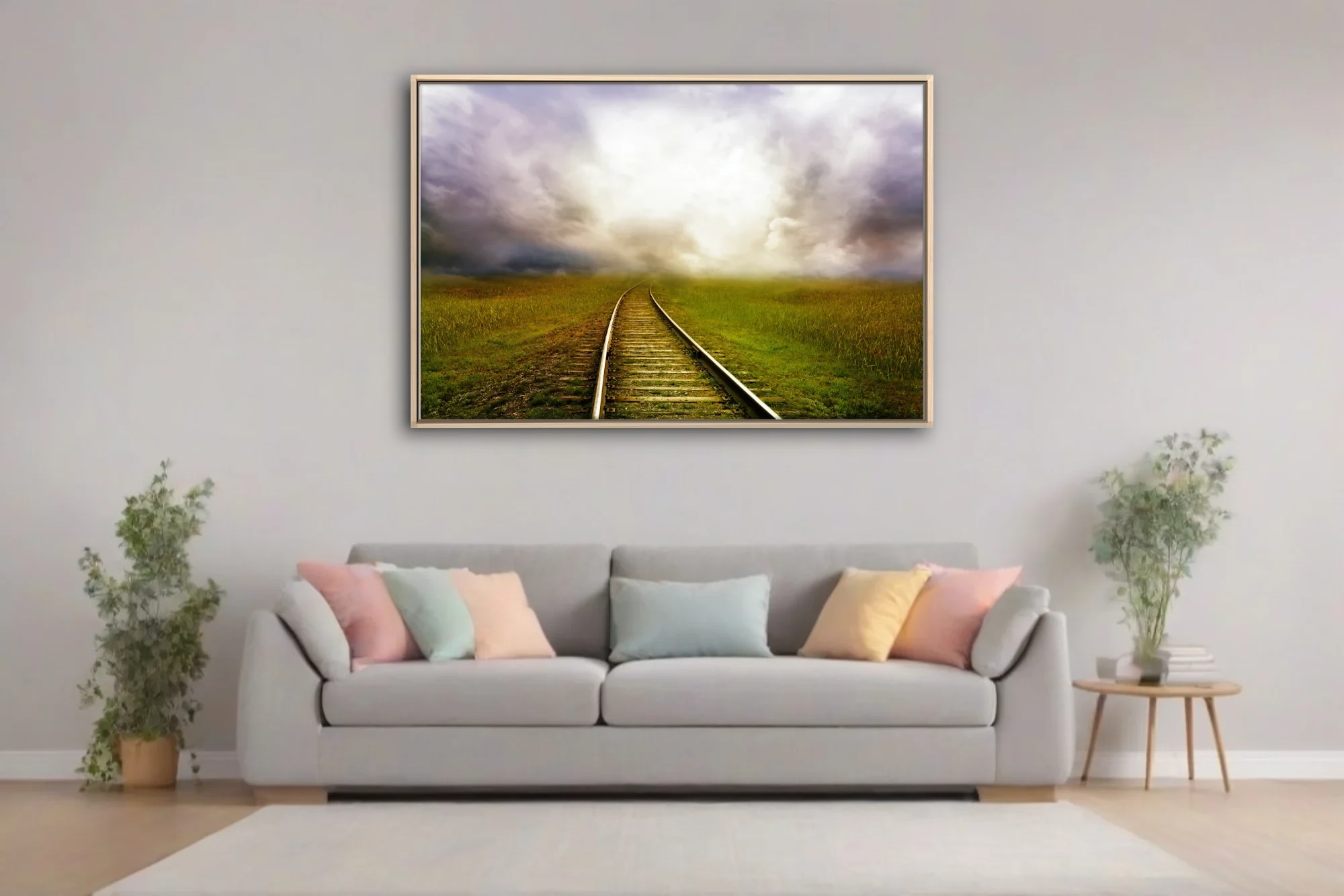 Cinematic railroad track curving through green fields toward dramatic glowing storm clouds