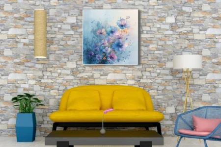 Watercolor-style blue and mauve floral art with rain droplets and amber accents