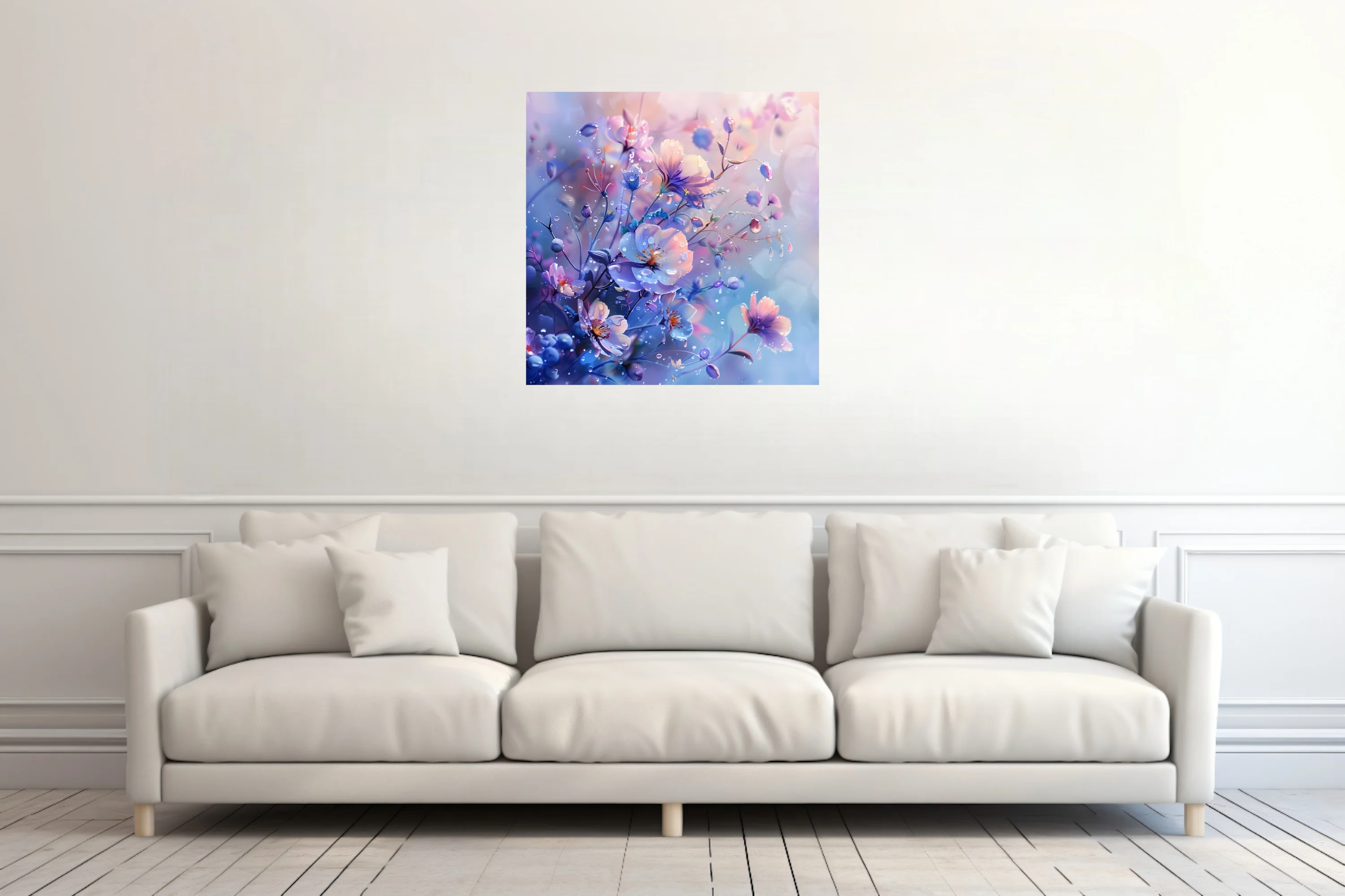 Fantasy floral art with violet and blush blooms, glistening water droplets, dreamy pastel tones