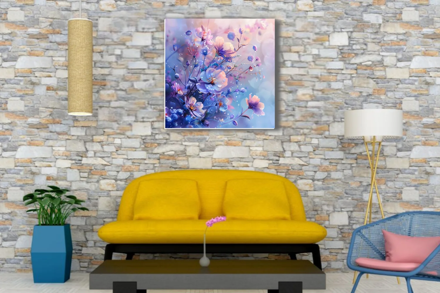 Fantasy floral art with violet and blush blooms, glistening water droplets, dreamy pastel tones