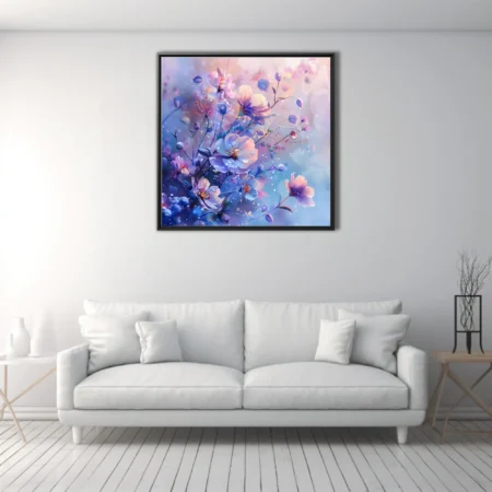 Fantasy floral art with violet and blush blooms, glistening water droplets, dreamy pastel tones