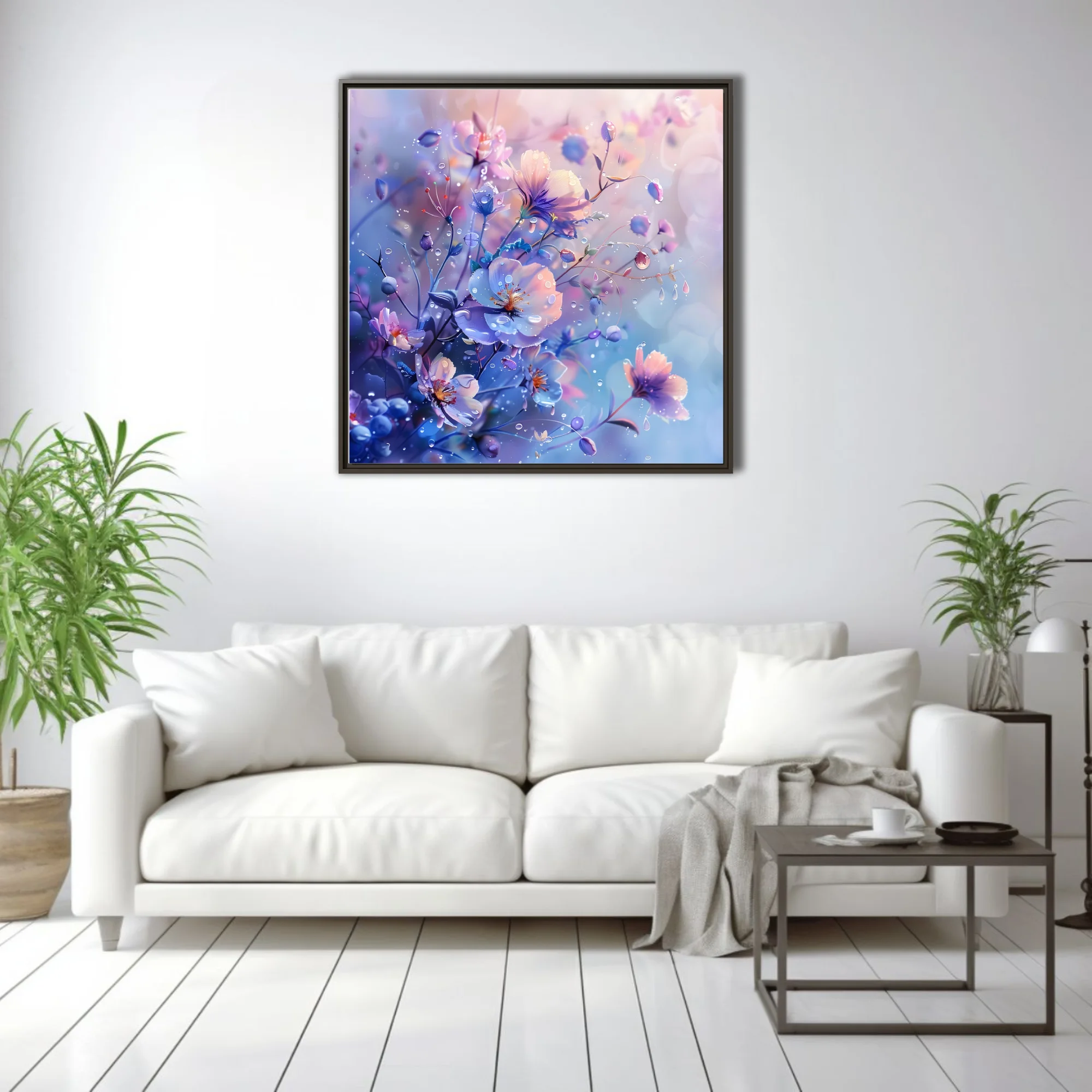 Fantasy floral art with violet and blush blooms, glistening water droplets, dreamy pastel tones