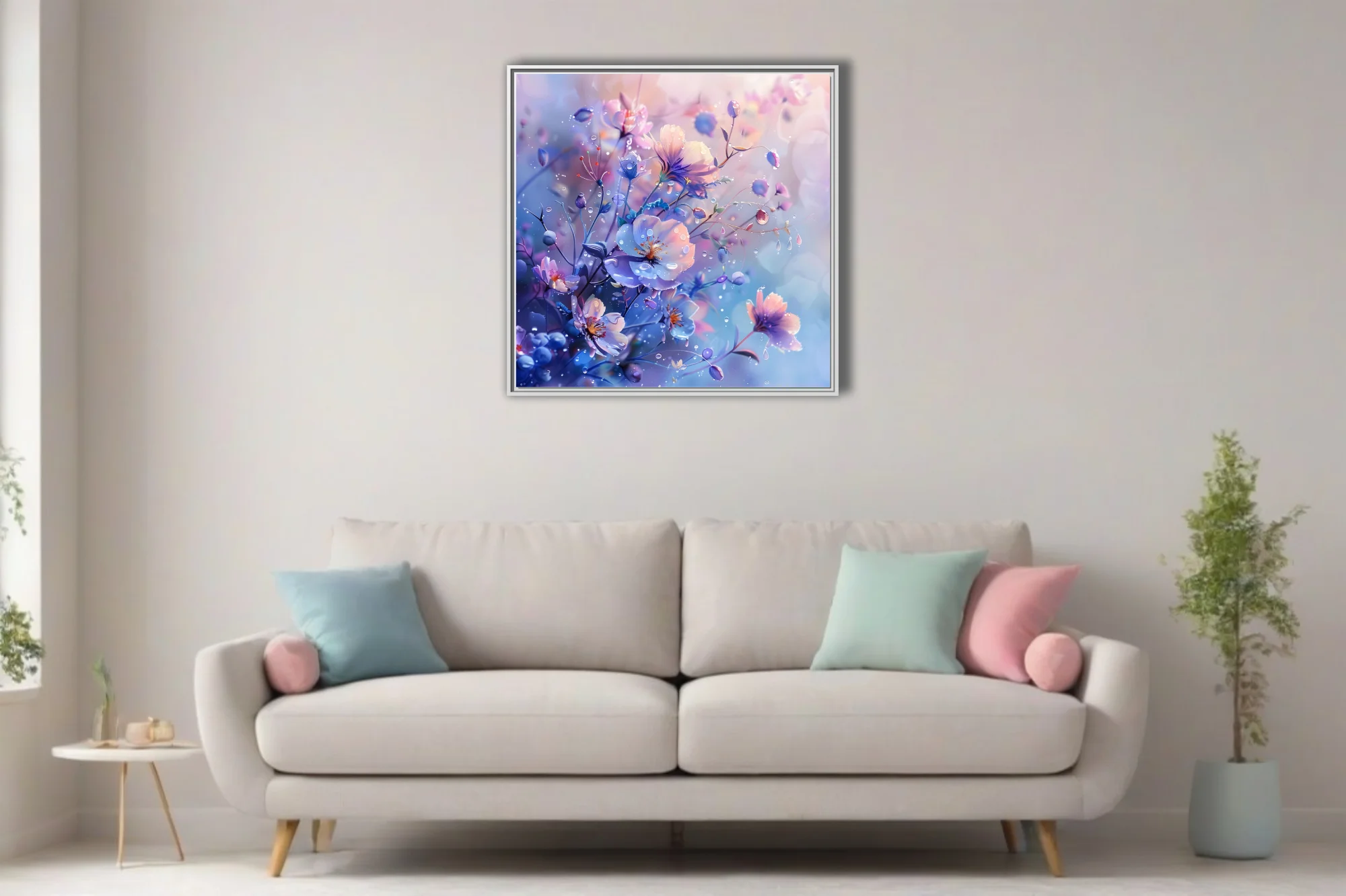 Fantasy floral art with violet and blush blooms, glistening water droplets, dreamy pastel tones