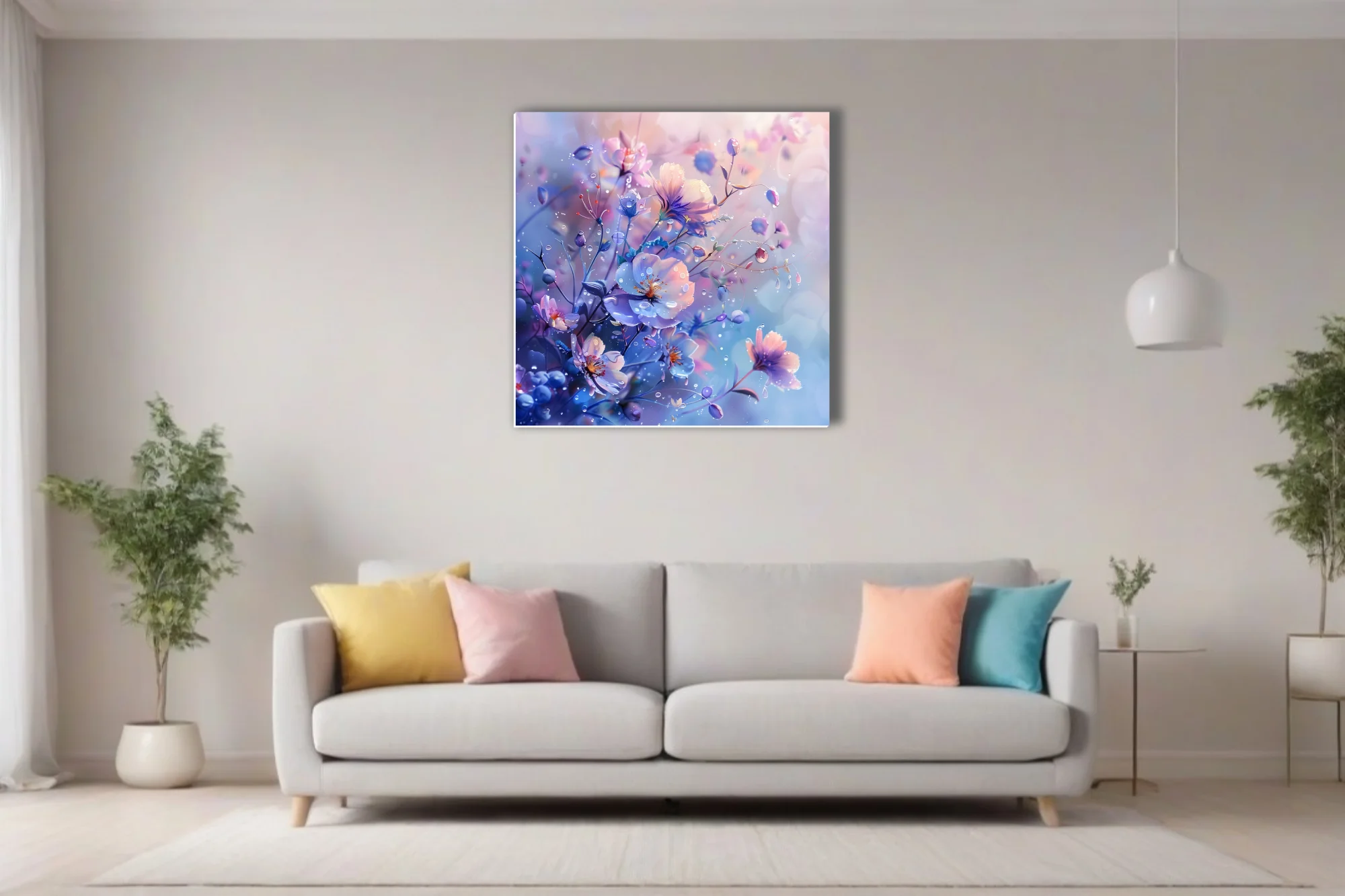 Fantasy floral art with violet and blush blooms, glistening water droplets, dreamy pastel tones