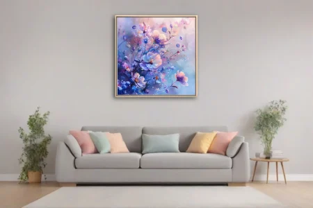 Fantasy floral art with violet and blush blooms, glistening water droplets, dreamy pastel tones