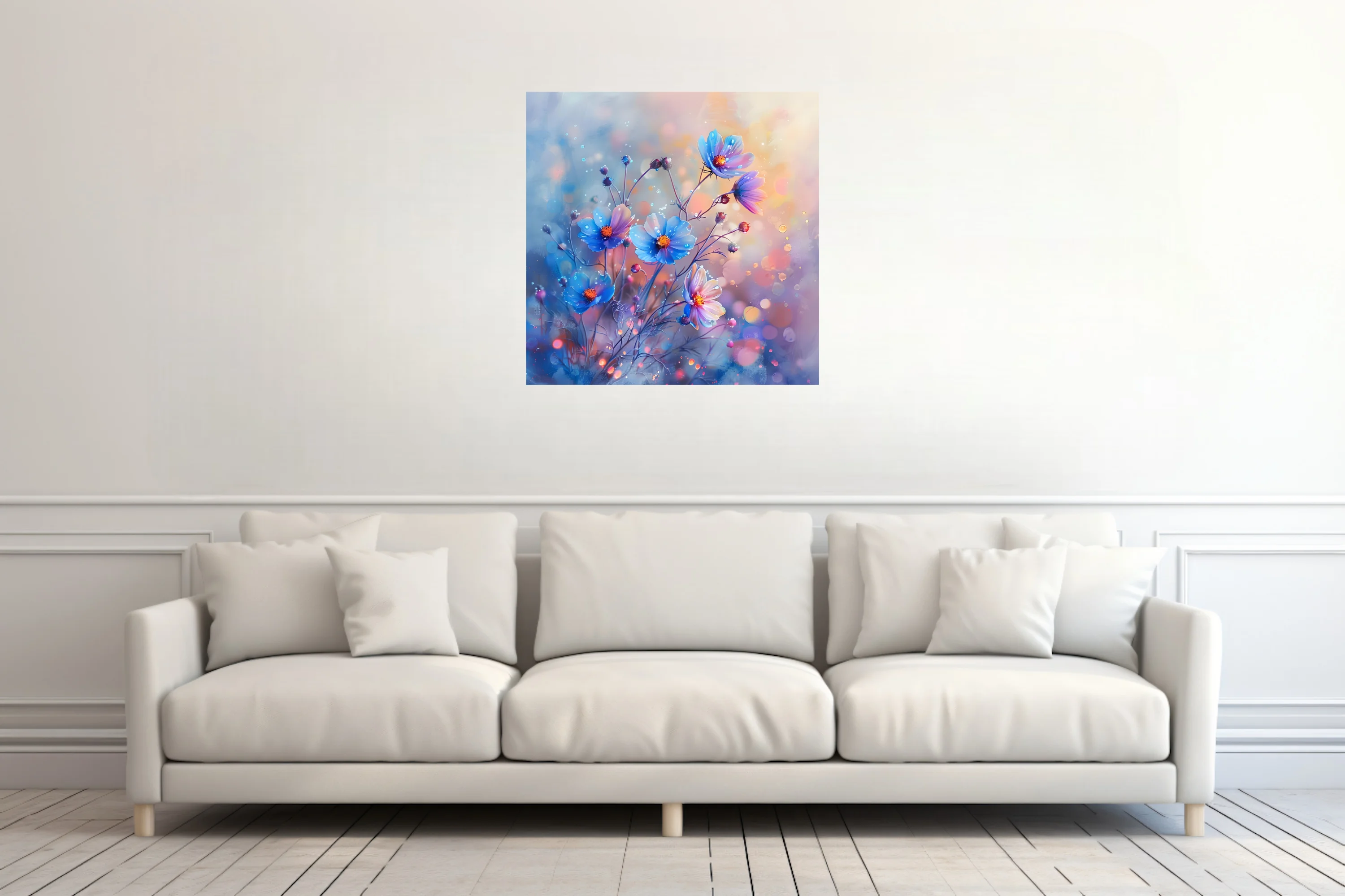 Watercolor-style blue and violet cosmos blooms with dewy droplets and bokeh glow