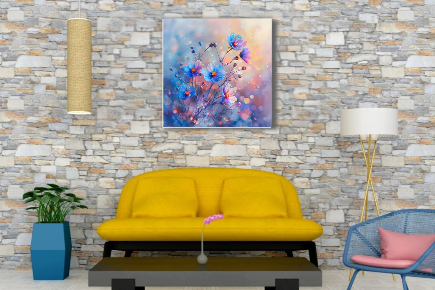 Watercolor-style blue and violet cosmos blooms with dewy droplets and bokeh glow