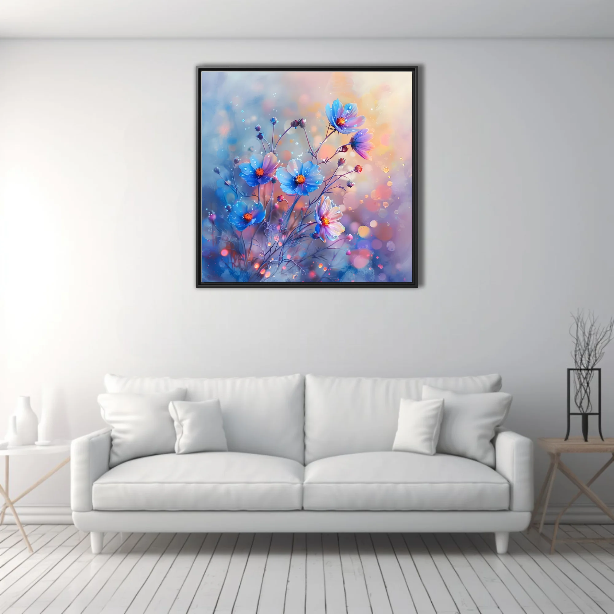 Watercolor-style blue and violet cosmos blooms with dewy droplets and bokeh glow