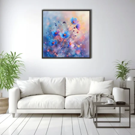 Watercolor-style blue and violet cosmos blooms with dewy droplets and bokeh glow