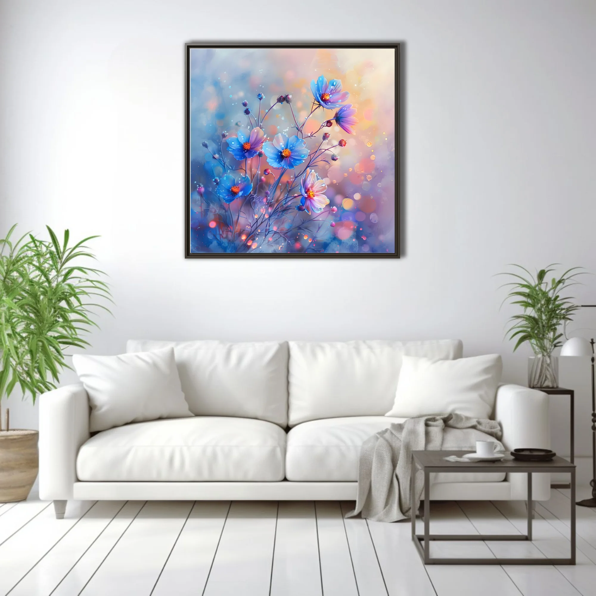 Watercolor-style blue and violet cosmos blooms with dewy droplets and bokeh glow