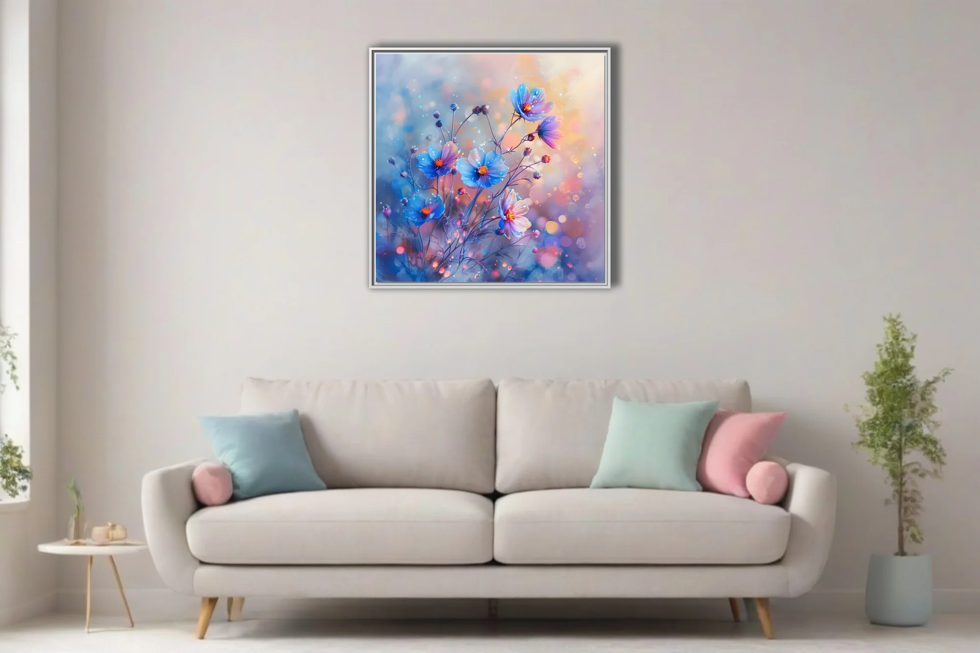Watercolor-style blue and violet cosmos blooms with dewy droplets and bokeh glow