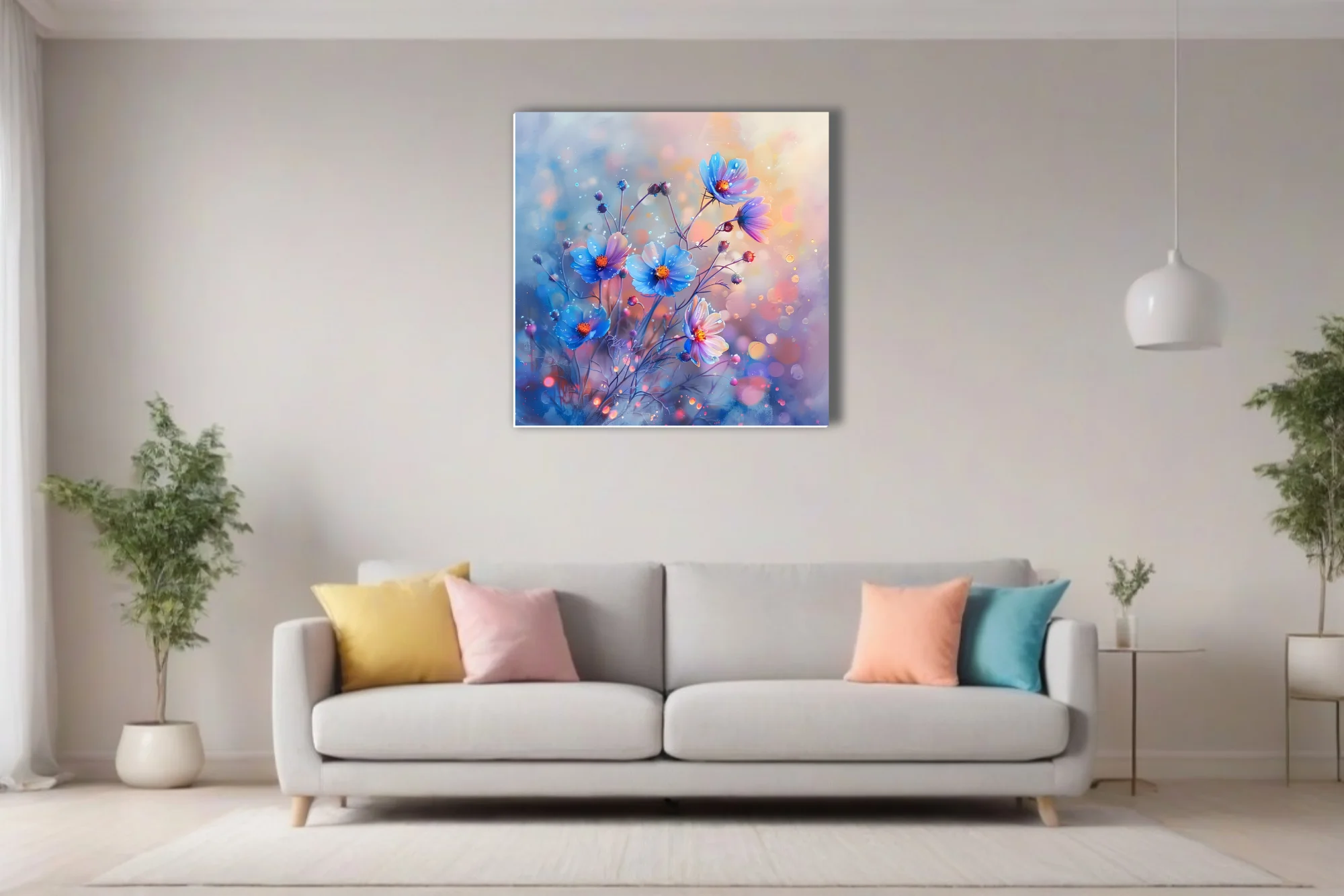 Watercolor-style blue and violet cosmos blooms with dewy droplets and bokeh glow