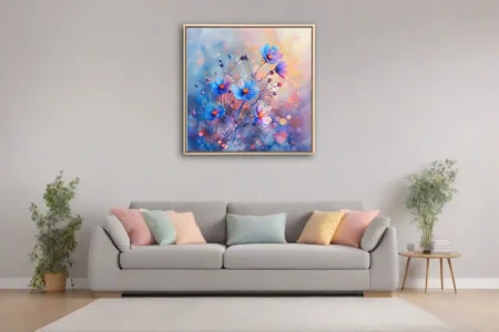 Watercolor-style blue and violet cosmos blooms with dewy droplets and bokeh glow
