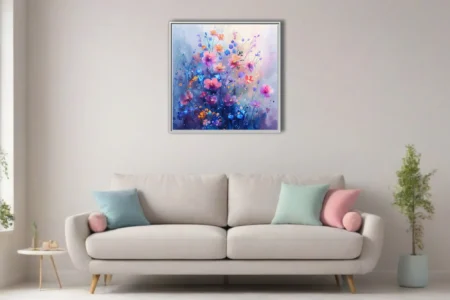 Watercolor-style wildflowers in pink, coral, and cobalt with dewdrops and dreamy pastel haze
