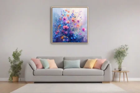 Watercolor-style wildflowers in pink, coral, and cobalt with dewdrops and dreamy pastel haze