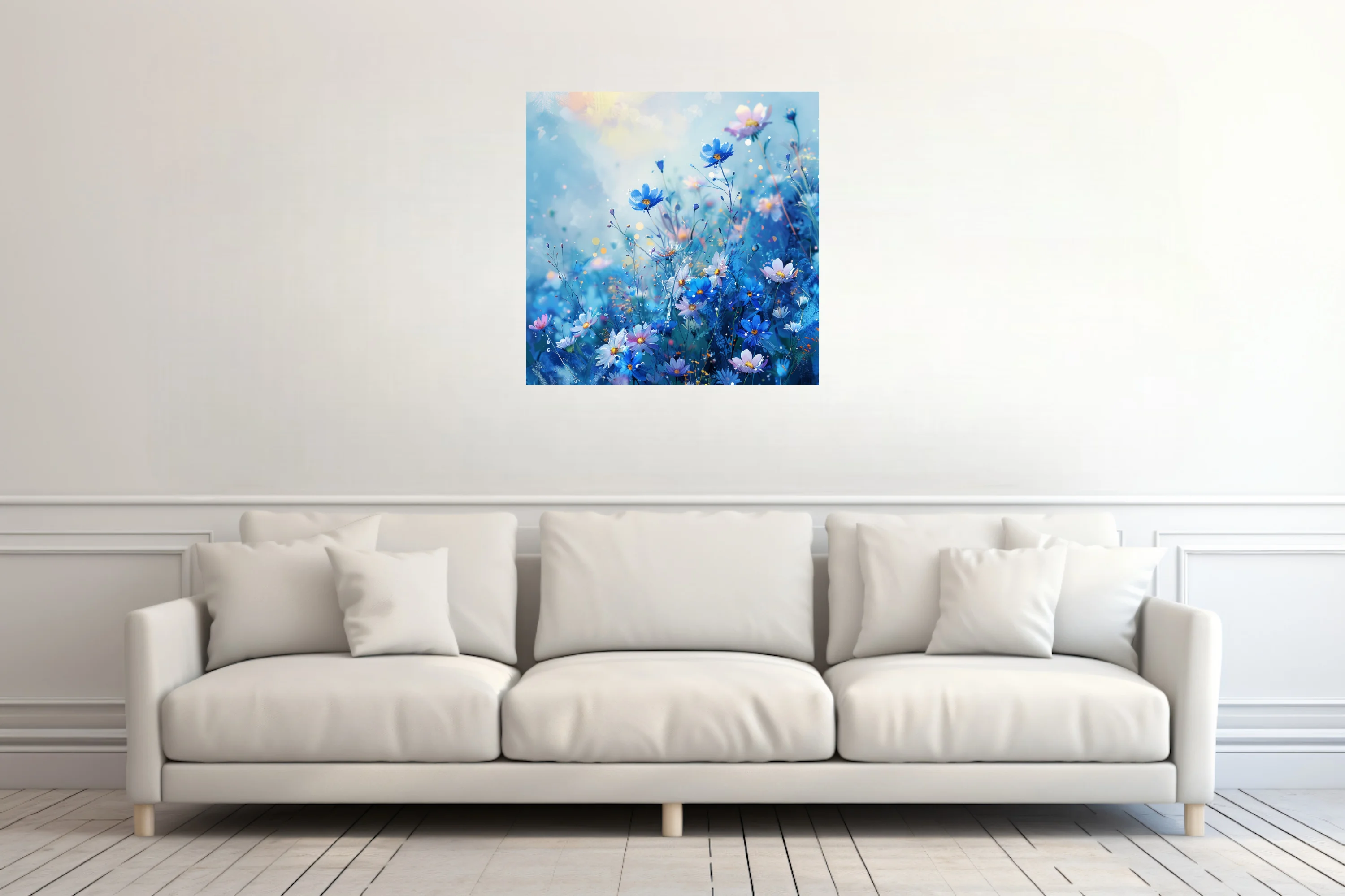Watercolor-style blue wildflower field with pink blooms and golden bokeh sparkle