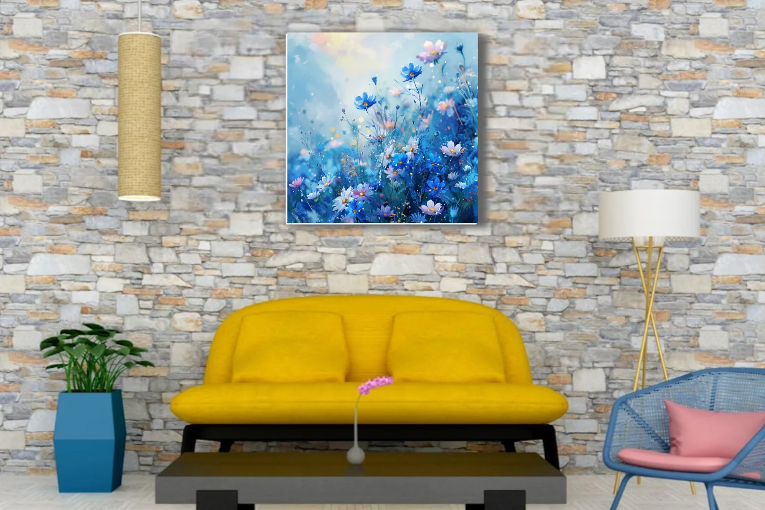Watercolor-style blue wildflower field with pink blooms and golden bokeh sparkle