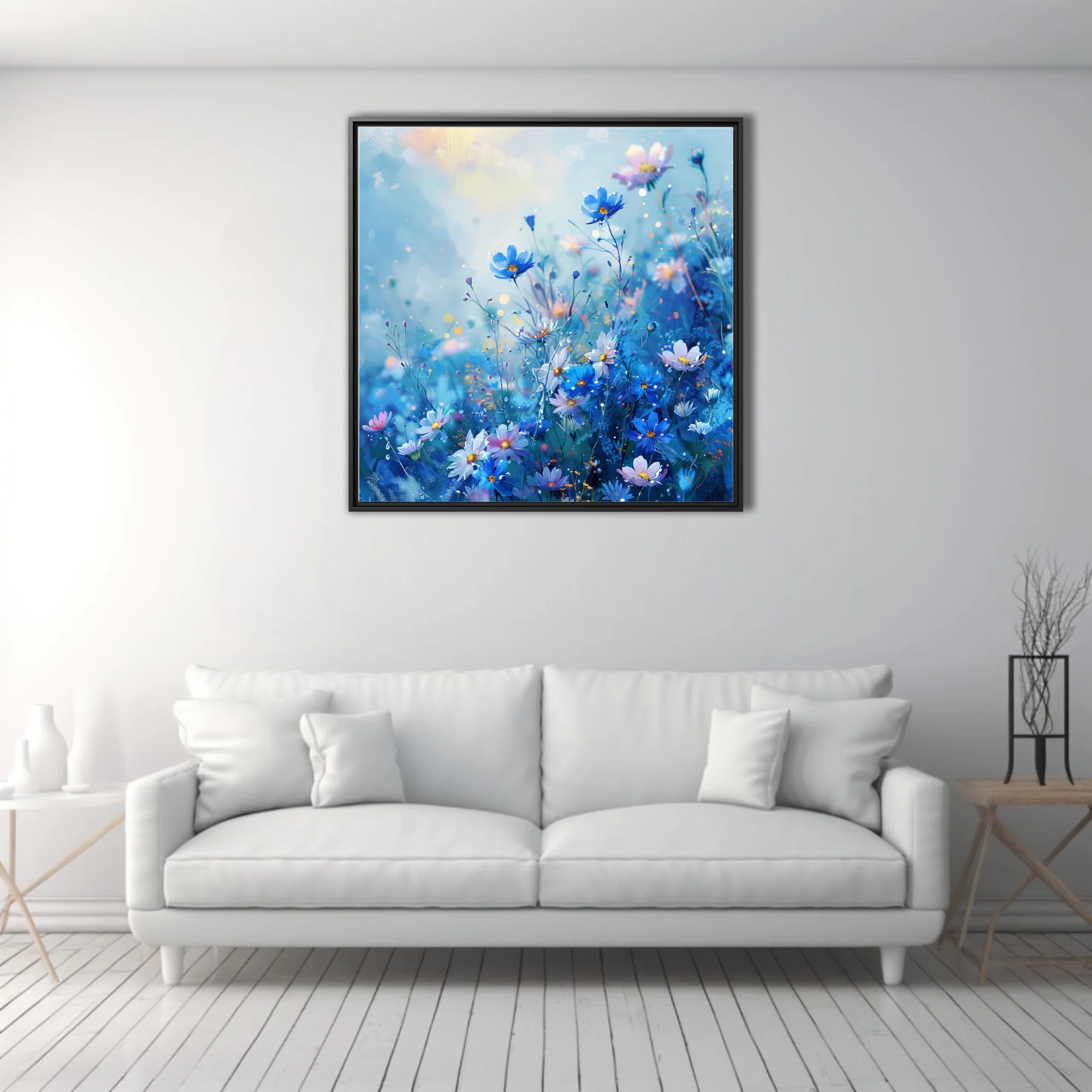Watercolor-style blue wildflower field with pink blooms and golden bokeh sparkle