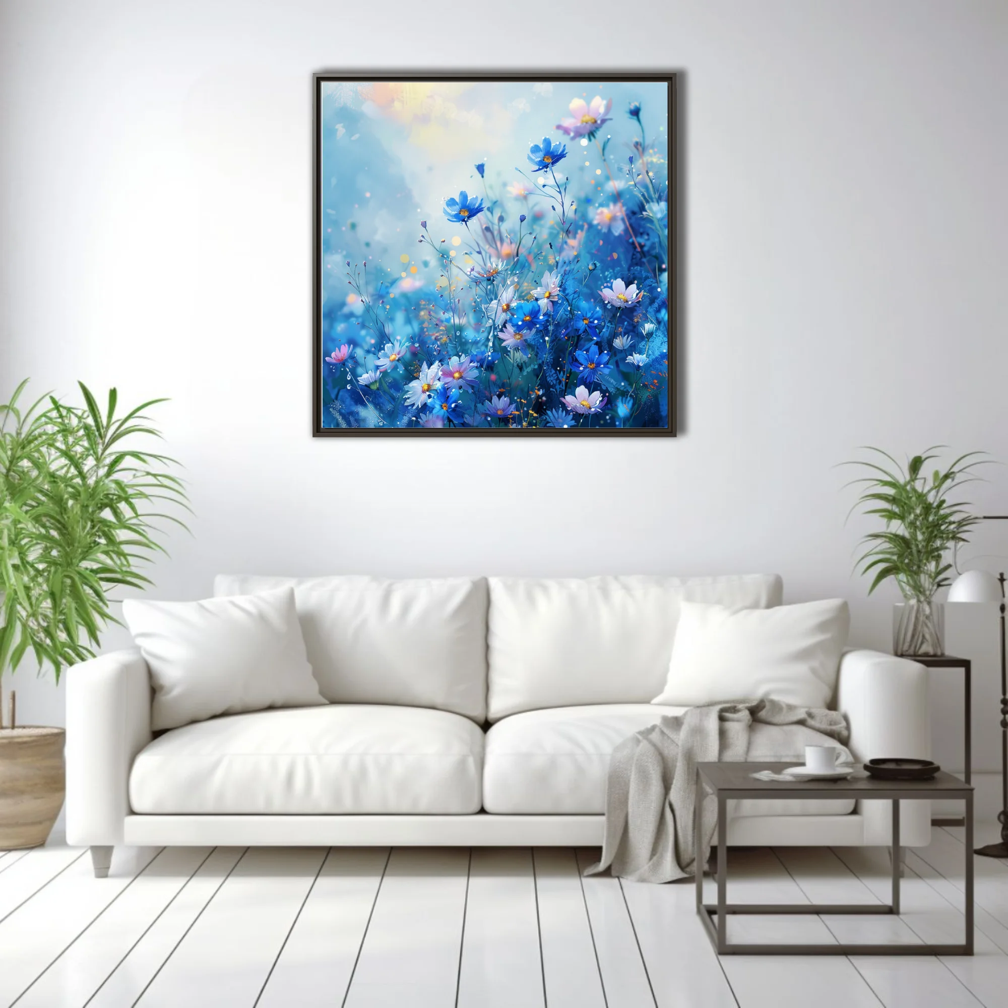 Watercolor-style blue wildflower field with pink blooms and golden bokeh sparkle