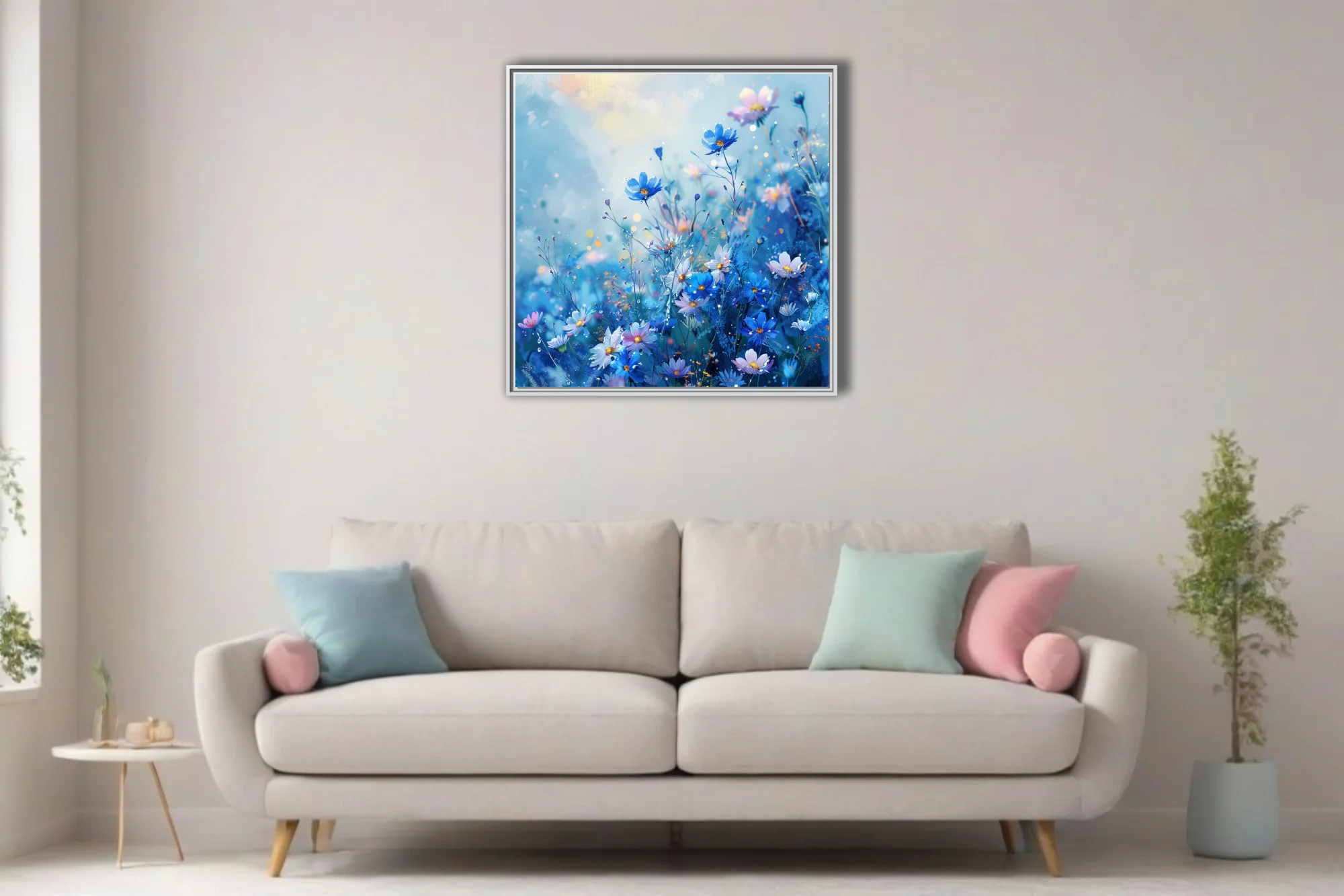 Watercolor-style blue wildflower field with pink blooms and golden bokeh sparkle