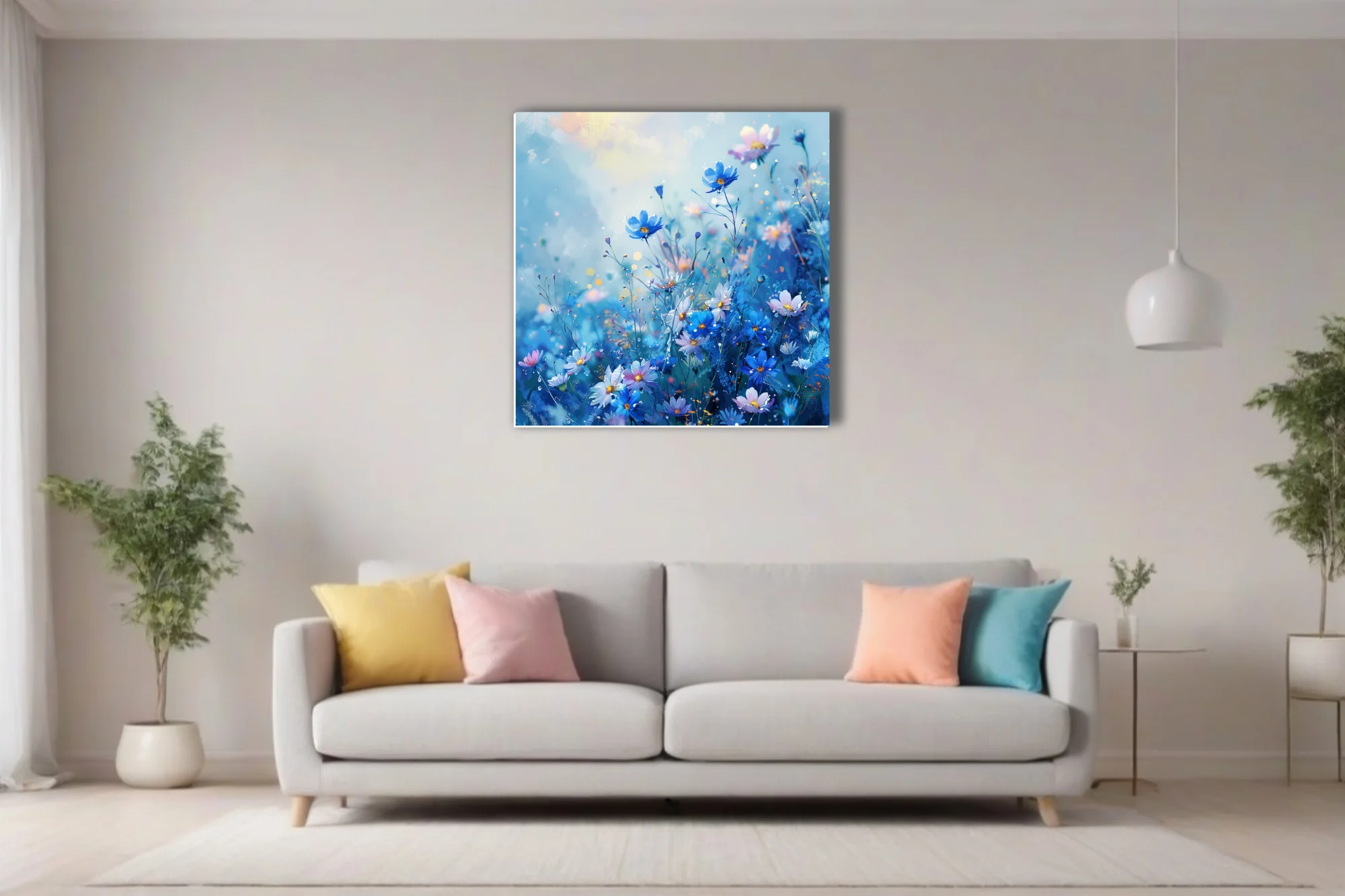 Watercolor-style blue wildflower field with pink blooms and golden bokeh sparkle
