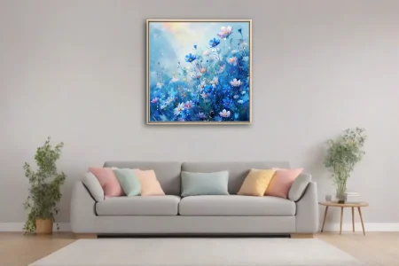 Watercolor-style blue wildflower field with pink blooms and golden bokeh sparkle