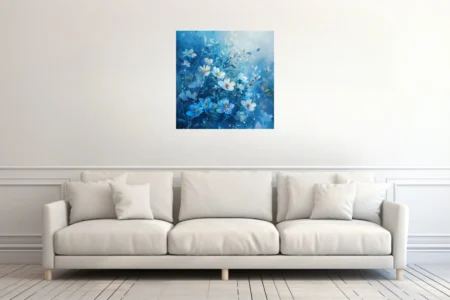 Watercolor-style blue and white wildflowers with dewdrops on a cerulean background