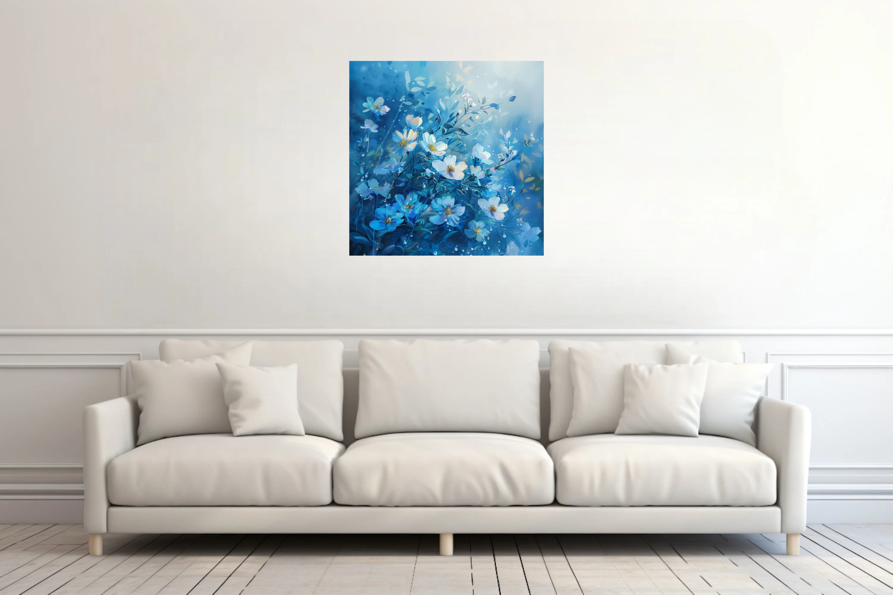 Watercolor-style blue and white wildflowers with dewdrops on a cerulean background