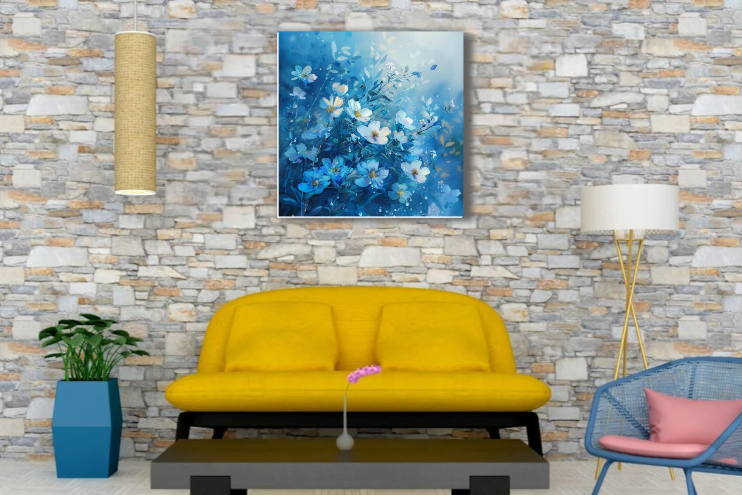 Watercolor-style blue and white wildflowers with dewdrops on a cerulean background