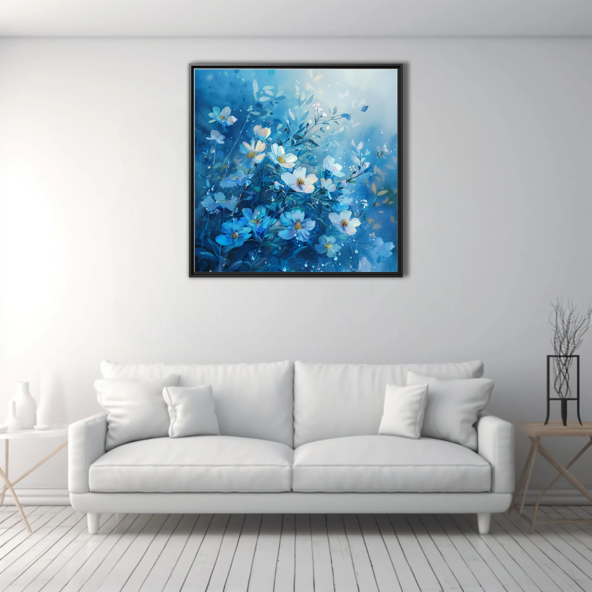 Watercolor-style blue and white wildflowers with dewdrops on a cerulean background