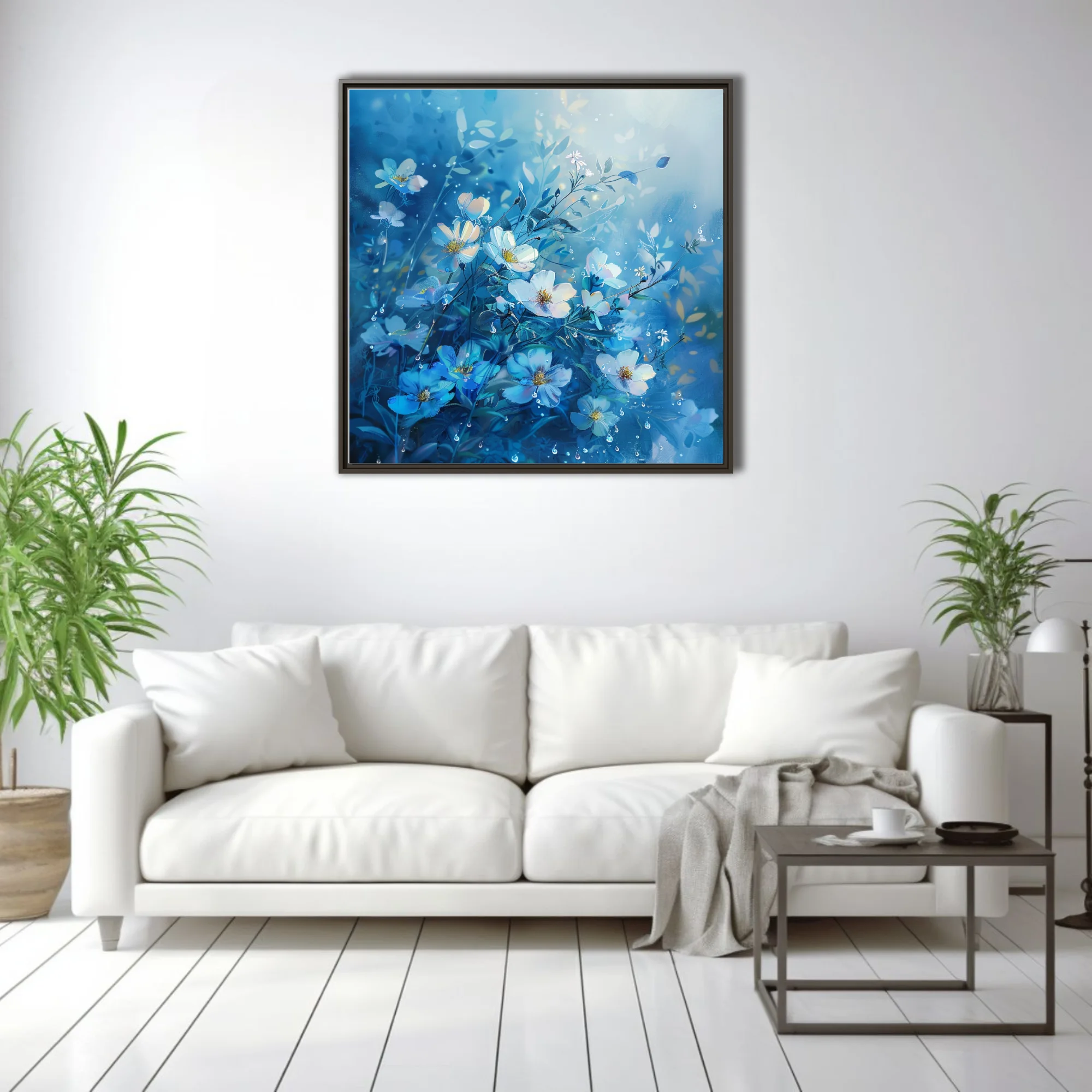 Watercolor-style blue and white wildflowers with dewdrops on a cerulean background