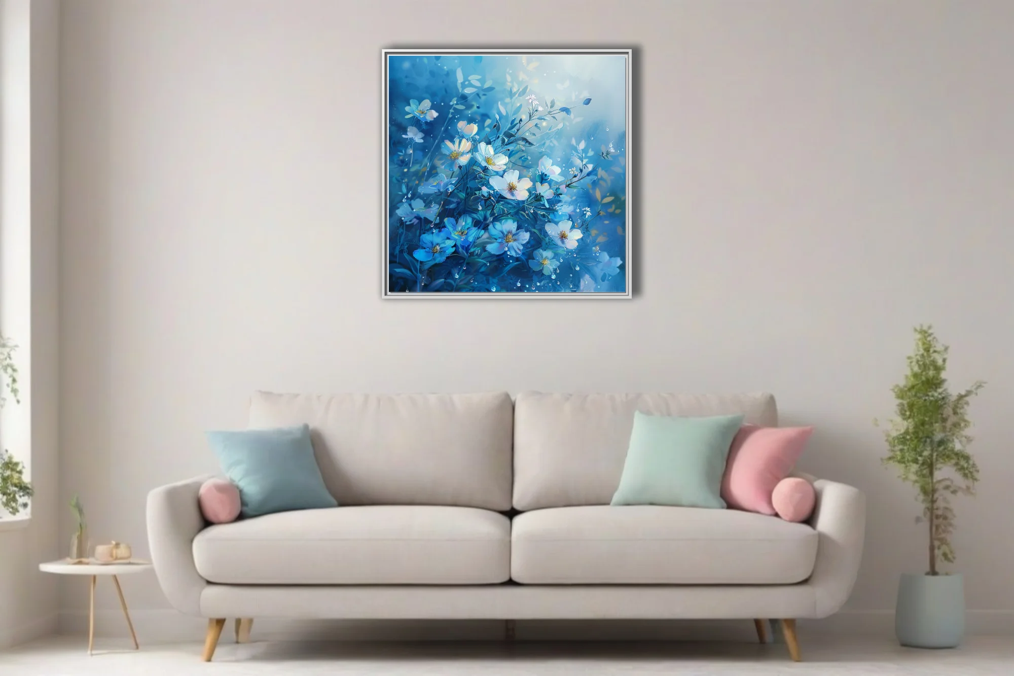 Watercolor-style blue and white wildflowers with dewdrops on a cerulean background