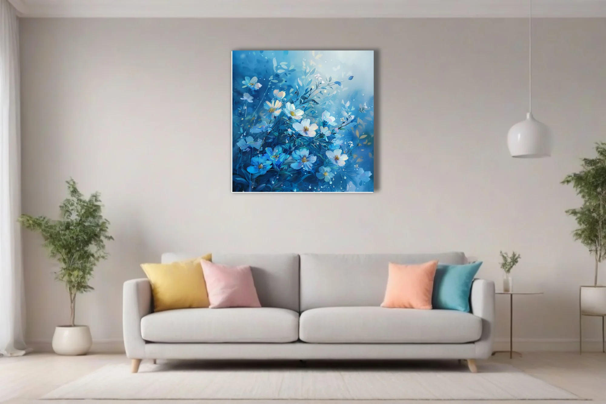 Watercolor-style blue and white wildflowers with dewdrops on a cerulean background