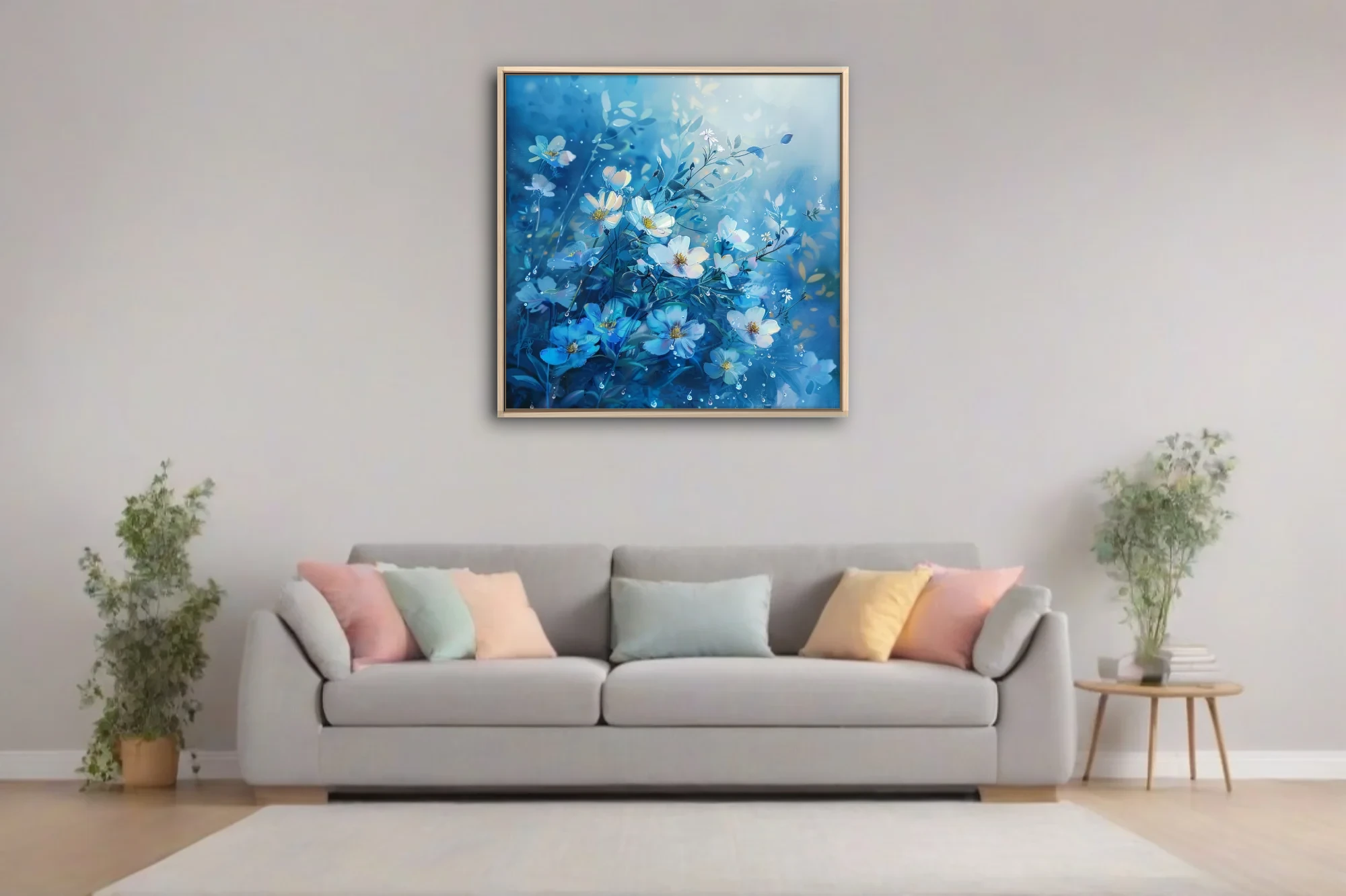 Watercolor-style blue and white wildflowers with dewdrops on a cerulean background