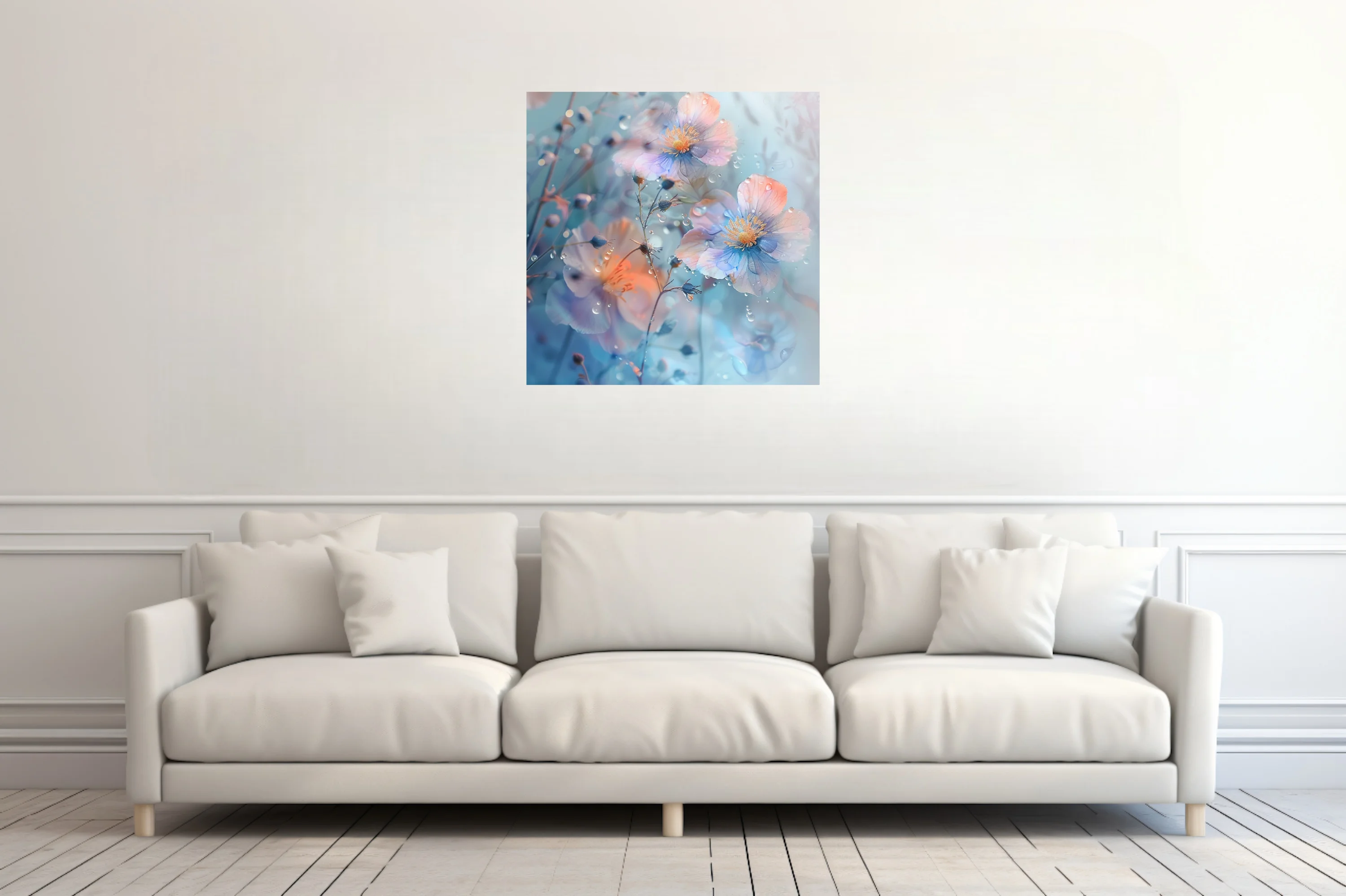Watercolor-style pastel florals with dewdrops on soft blue background