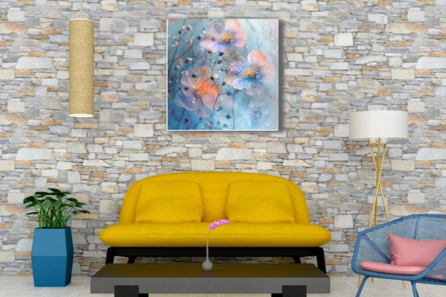 Watercolor-style pastel florals with dewdrops on soft blue background