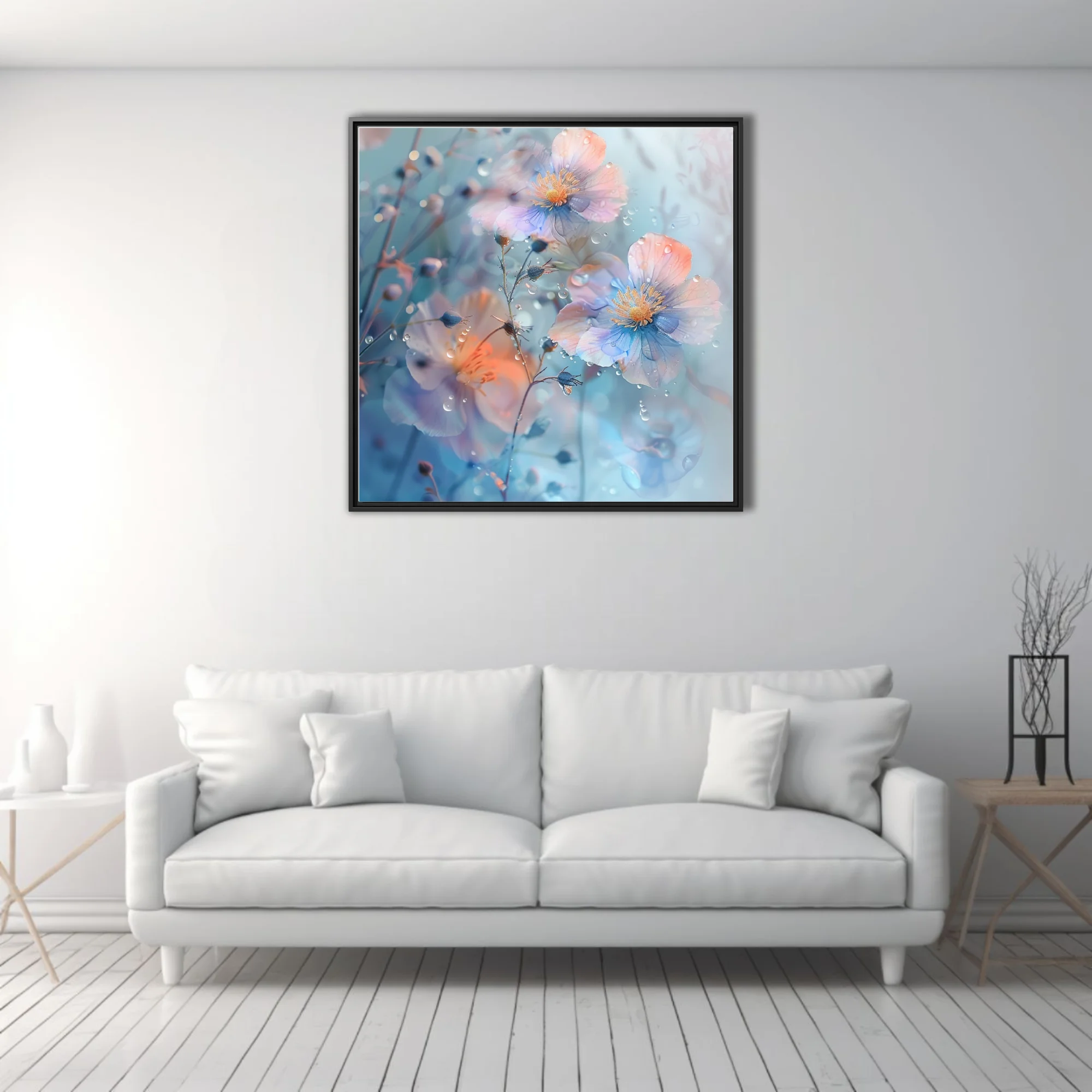 Watercolor-style pastel florals with dewdrops on soft blue background