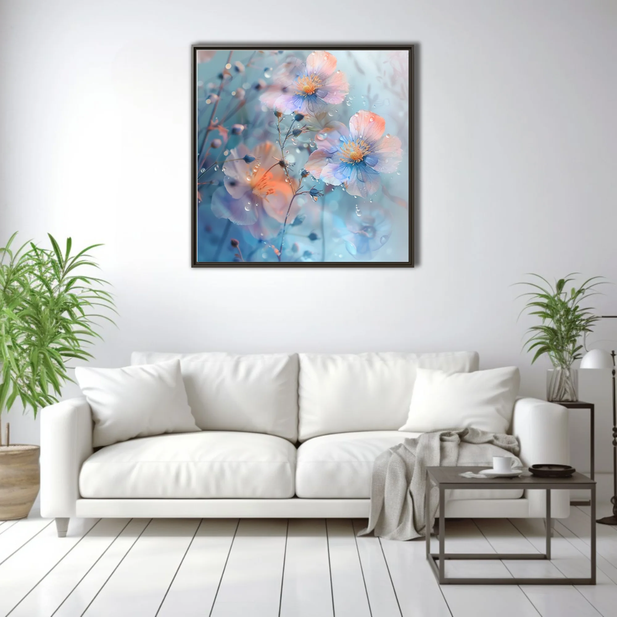 Watercolor-style pastel florals with dewdrops on soft blue background