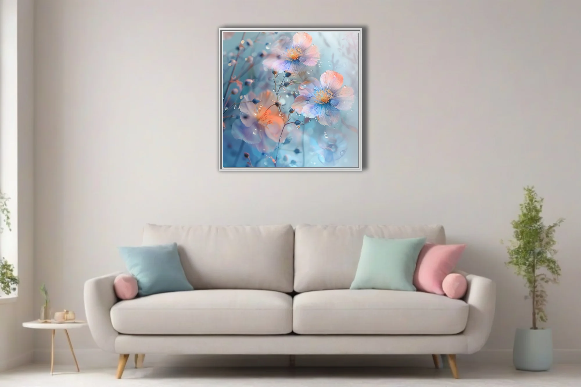 Watercolor-style pastel florals with dewdrops on soft blue background