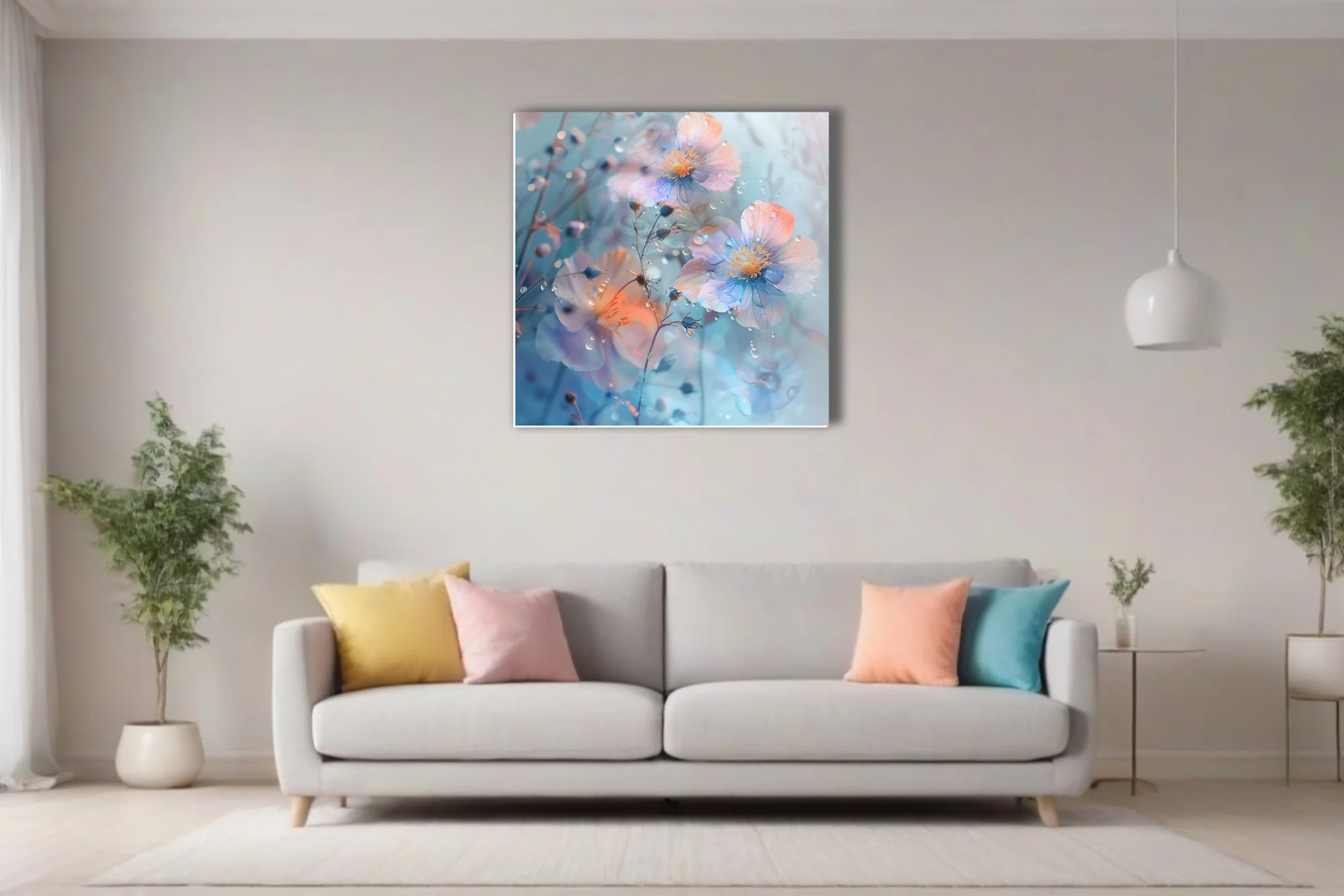 Watercolor-style pastel florals with dewdrops on soft blue background