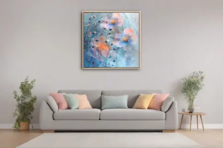 Watercolor-style pastel florals with dewdrops on soft blue background