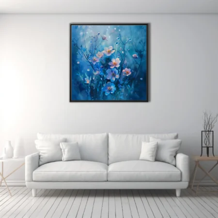 Macro floral art print with blue and blush wildflowers and water droplets on dreamy bokeh background