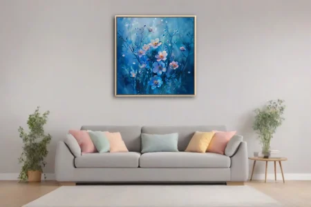Macro floral art print with blue and blush wildflowers and water droplets on dreamy bokeh background