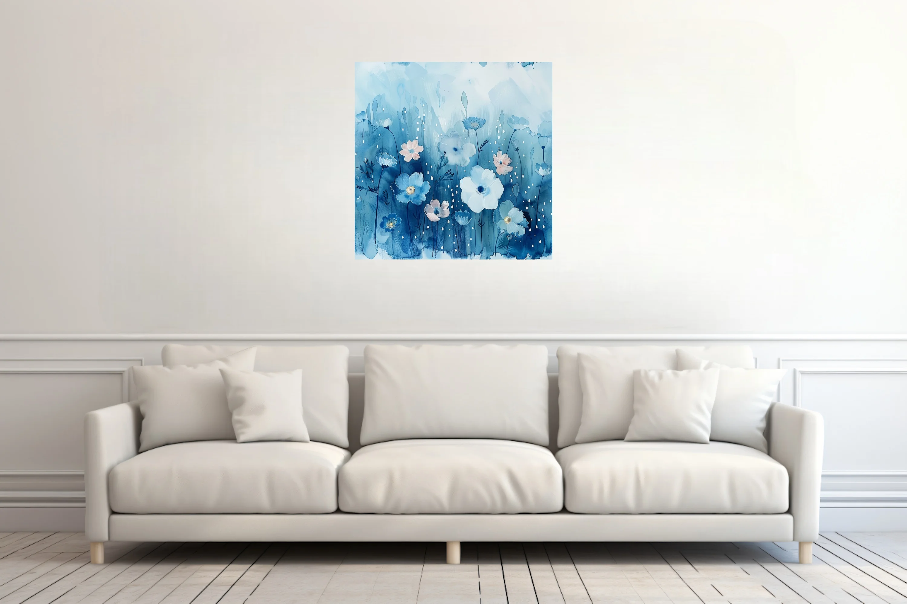 Watercolor-style blue floral art with white and blush blooms and raindrop details