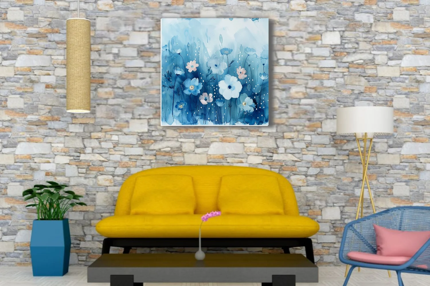 Watercolor-style blue floral art with white and blush blooms and raindrop details